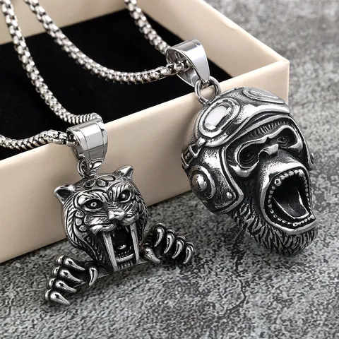 Vintage Stainless Steel Tiger Gorilla Pilot Pendant Necklace Gothic Biker Animal Head Statement Jewelry Charm Necklace For Unisex Everyday Wear
