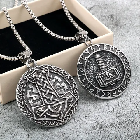Retro Stainless Steel Viking Thor Hammer Pendant Necklace Double Sided Runic Amulet Geometric Punk Jewelry For Men Women Daily Accessory Gift
