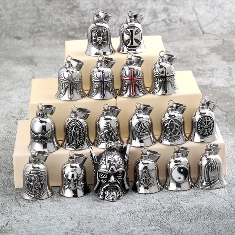 Retro Stainless Steel Biker Bell Pendant Vintage Motorcycle Guardian Bell For Men Women 3D Relief Skull Viking Praying Hands Pendants