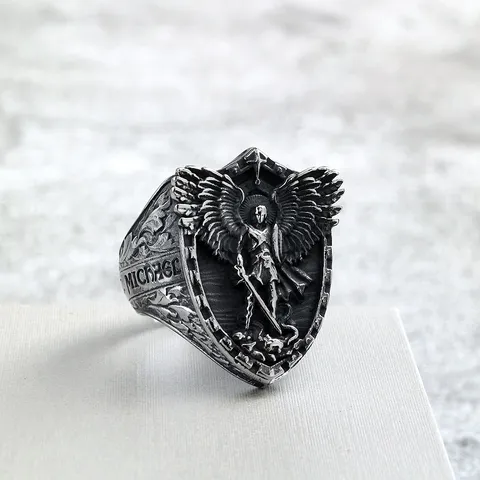 Vintage Stainless Steel Men Ring Saint Michael Angel Dragon Shield Signet Ring Retro Punk Hip Hop Biker Jewelry For Male Boyfriend Gift