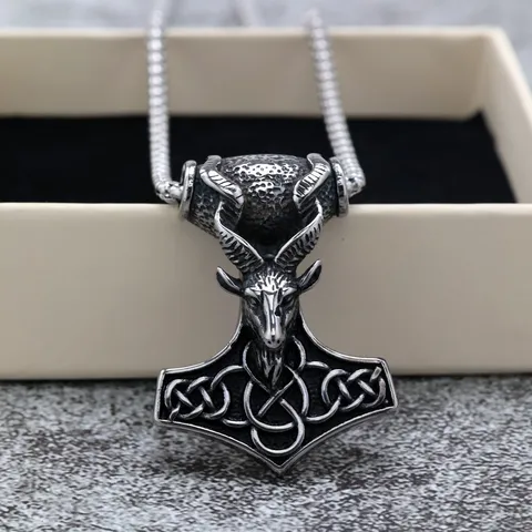 Vintage Acciaio Inossidabile Testa di Capra Martello di Thor Ciondolo Collana da Uomo Totem Vichingo Nodo Celtico Punk Gioielli Regali