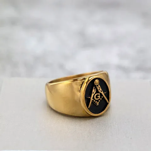 Vintage Titanium Steel Freemason Ring For Men Geometric Gold Black Polished Hip Hop Punk Band Ring Retro Male Finger Jewelry