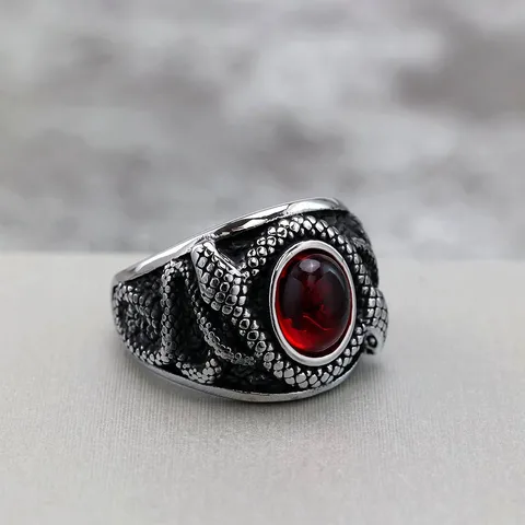 Vintage Stainless Steel Double Snake Ring For Men Punk Gothic Red Rhinestone Inlaid Band Ring Biker Jewelry Finger Decoration Gift
