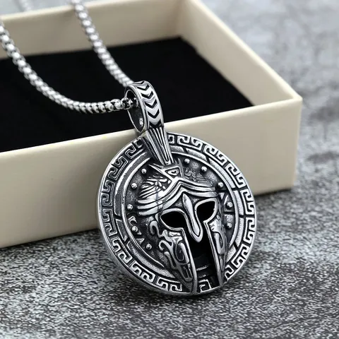 Vintage Stainless Steel Spartan Mask Pendant Necklace For Men Retro Punk Geometric Shield Greek Key Embossed Medallion Charm Neckwear Heavy Duty Biker Rock Jewelry Gift