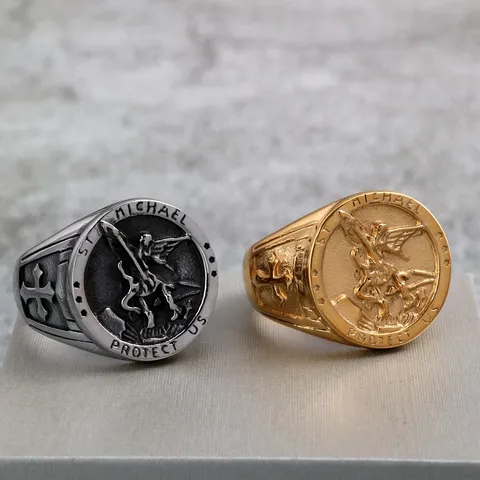 Vintage Titanium Steel Archangel St Michael Protect Us Ring Embossed Cross Motif Band Punk Hip Hop Statement Finger Ring Jewelry For Men Women