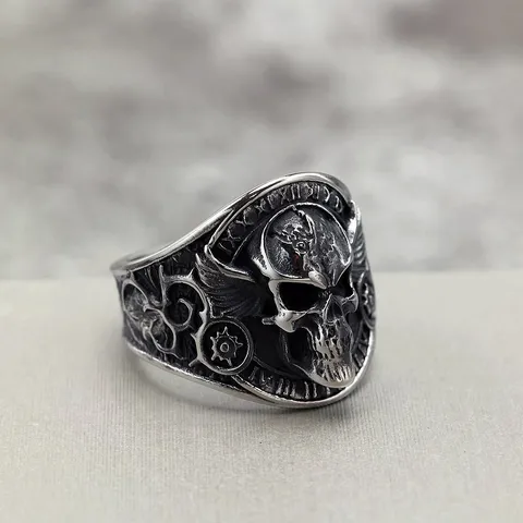 Retro Stainless Steel Skull Ring For Men Gothic Biker Punk Wing Roman Numeral Engraved Finger Ring Hip Hop Band Jewelry Gift