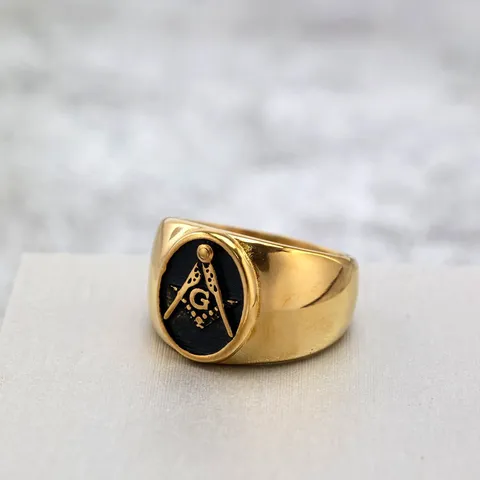 Vintage Titanium Steel Freemason Ring For Men Geometric Gold Black Polished Hip Hop Punk Band Ring Retro Male Finger Jewelry