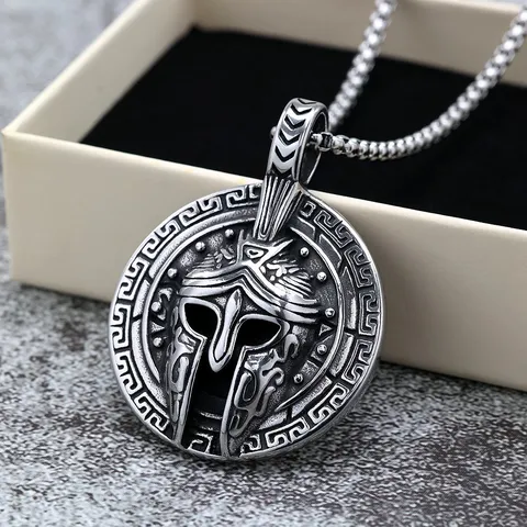 Vintage Stainless Steel Spartan Mask Pendant Necklace For Men Retro Punk Geometric Shield Greek Key Embossed Medallion Charm Neckwear Heavy Duty Biker Rock Jewelry Gift