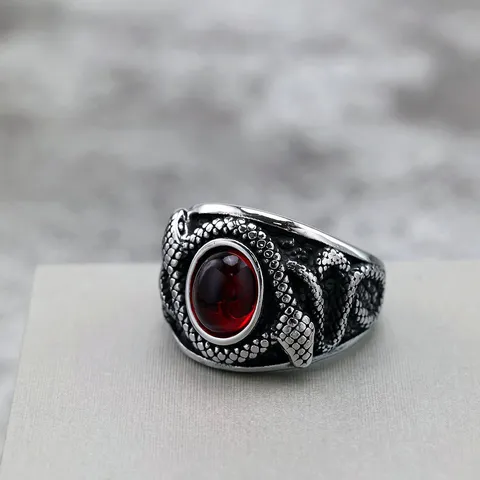 Vintage Stainless Steel Double Snake Ring For Men Punk Gothic Red Rhinestone Inlaid Band Ring Biker Jewelry Finger Decoration Gift