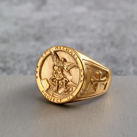 Vintage Titanium Steel Archangel St Michael Protect Us Ring Embossed Cross Motif Band Punk Hip Hop Statement Finger Ring Jewelry For Men Women