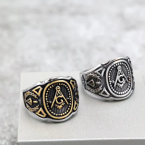 Vintage Stainless Steel Masonic Ring For Men Hip Hop Geometric Letter G Square Compass Signet Band Ring Statement Jewelry Gift