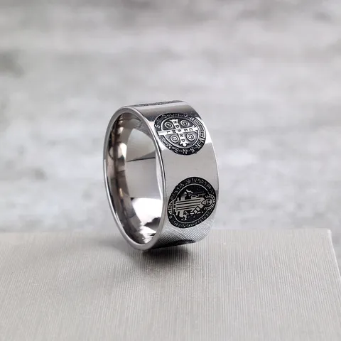 Vintage Stainless Steel Saint Benedict Cross Ring For Men Women Retro Exorcism Medal Pattern Punk Band Ring Gothic Religious Totem Jewelry Gift