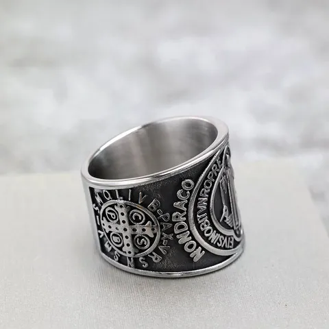 Vintage Stainless Steel Saint Benedict Cross Ring For Men Exorcism Demon Protection Gothic Punk Geometric Wide Band Biker Ring Gothic Jewelry Gift