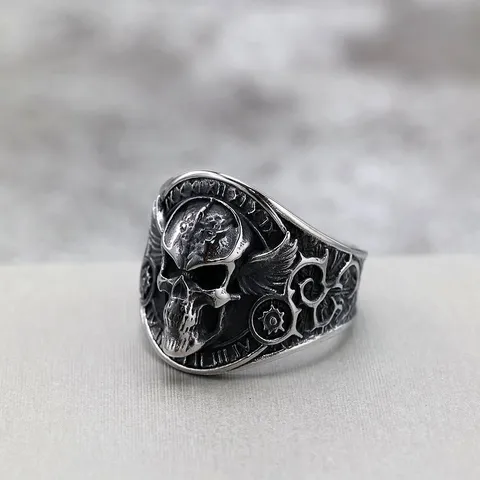 Retro Stainless Steel Skull Ring For Men Gothic Biker Punk Wing Roman Numeral Engraved Finger Ring Hip Hop Band Jewelry Gift