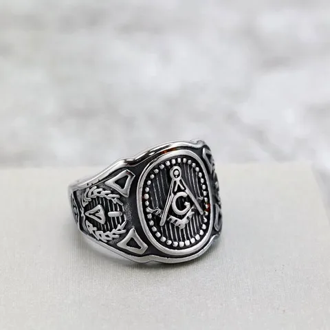 Vintage Stainless Steel Masonic Ring For Men Hip Hop Geometric Letter G Square Compass Signet Band Ring Statement Jewelry Gift