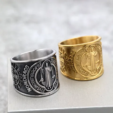 Vintage Stainless Steel Saint Benedict Cross Ring For Men Exorcism Demon Protection Gothic Punk Geometric Wide Band Biker Ring Gothic Jewelry Gift