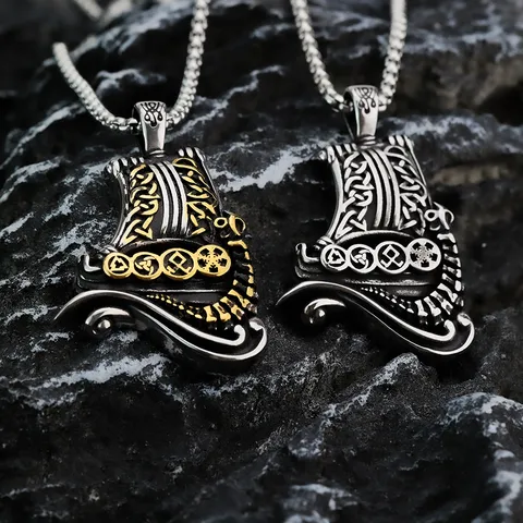 Viking Pirate Ship Pendant Necklace Stainless Steel Retro Nordic Rune Celtic Knot Amulet Talisman Jewelry For Men