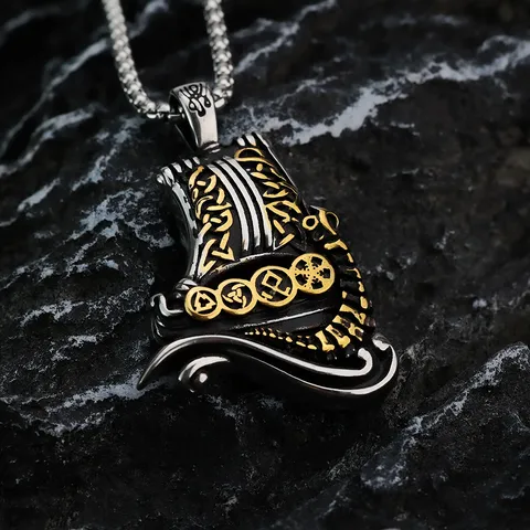 Viking Pirate Ship Pendant Necklace Stainless Steel Retro Nordic Rune Celtic Knot Amulet Talisman Jewelry For Men