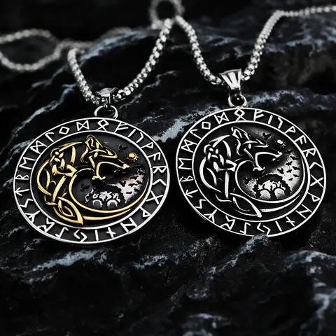 Vintage Edelstahl Herren Anhänger Halskette Wikinger Wolfskopf Kompass Rune Amulett Medaillon Retro Punk Gotisch Biker Talisman Kette Schmuck
