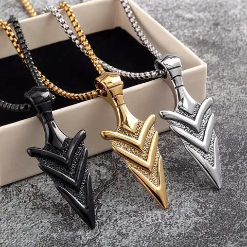 Vintage Stainless Steel Arrow Pendant Necklace For Men Women Polished Double Sided Geometric Spearhead Chain Necklace Punk Jewelry Gift