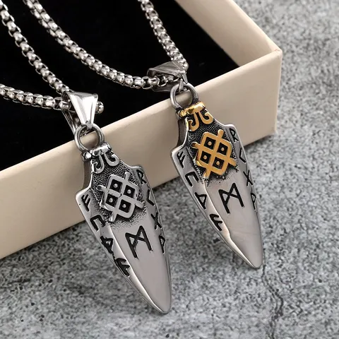 Vintage Stainless Steel Men Pendant Necklace Viking Double Sided Celtic Knot Symbol Spearhead Pendant Hip Hop Punk Jewelry Gift For Men