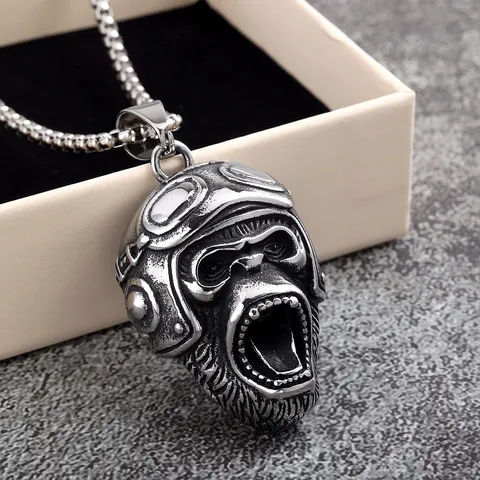 Vintage Stainless Steel Tiger Gorilla Pilot Pendant Necklace Gothic Biker Animal Head Statement Jewelry Charm Necklace For Unisex Everyday Wear