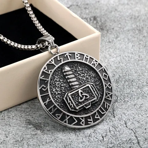 Retro Stainless Steel Viking Thor Hammer Pendant Necklace Double Sided Runic Amulet Geometric Punk Jewelry For Men Women Daily Accessory Gift