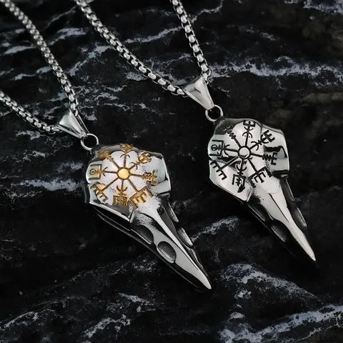 Collier Pendentif Boussole Crâne De Corbeau Viking En Acier Au Titane Vintage Rétro Rune Nordique Punk Gothique Bijoux Cadeau Homme