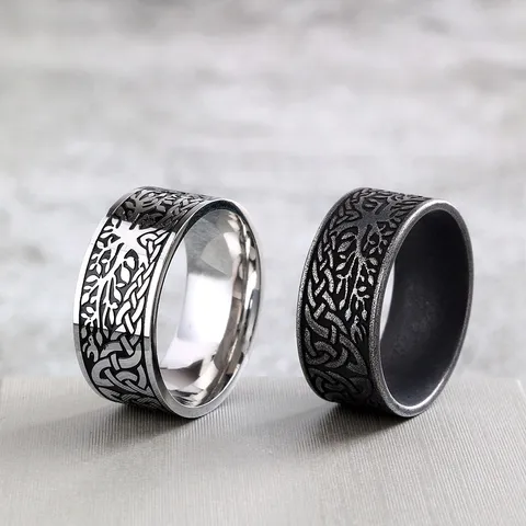 Vintage Stainless Steel Tree of Life Ring For Men Women Celtic Knot Embossed Texture Retro Punk Wide Band Ring Jewelry