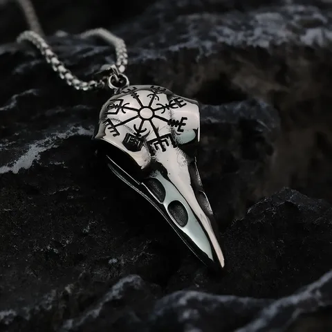 Collier Pendentif Boussole Crâne De Corbeau Viking En Acier Au Titane Vintage Rétro Rune Nordique Punk Gothique Bijoux Cadeau Homme