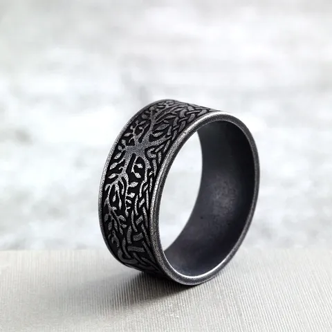 Vintage Stainless Steel Tree of Life Ring For Men Women Celtic Knot Embossed Texture Retro Punk Wide Band Ring Jewelry