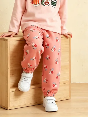 Western Style Girls Cotton Floral Print Sweatpants Casual Comfortable Drawstring Cuffed Sweatpants For Kids Autumn Daily Outfits