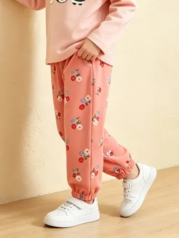 Western Style Girls Cotton Floral Print Sweatpants Casual Comfortable Drawstring Cuffed Sweatpants For Kids Autumn Daily Outfits