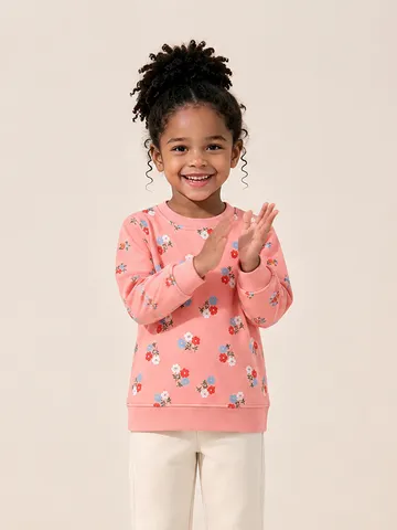 Felpa da Bambina con Stampa Floreale Carina Manica Lunga Pullover Stile Euro-Americano Girocollo in Cotone Top per Bambini Abbigliamento Casual