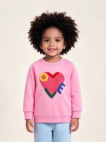 Felpa da Bambina alla Moda in Cotone con Ricamo a Cuore Lettera Girocollo a Maniche Lunghe Pullover per Bambini