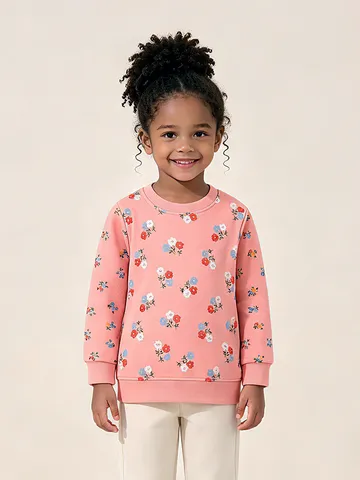 Felpa da Bambina con Stampa Floreale Carina Manica Lunga Pullover Stile Euro-Americano Girocollo in Cotone Top per Bambini Abbigliamento Casual