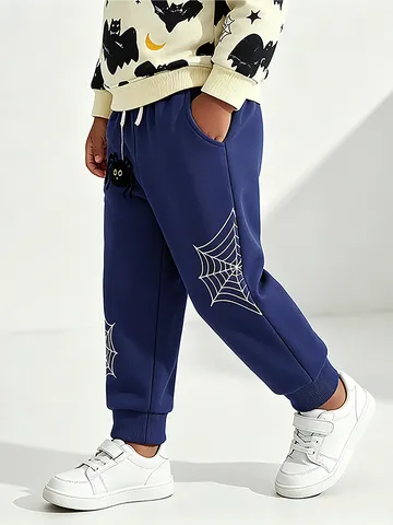 Toddler Boys Cotton Halloween Joggers Glow In The Dark Spider Web Print Sweatpants Elastic Waist Cuffed Casual Fall Bottoms