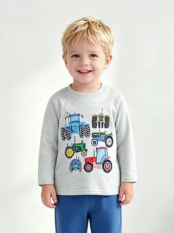 Kids Cartoon Tractor Printed Cotton Long Sleeve Top Western Style Round Neck Gray Casual T-Shirt For Boys Autumn Clothing