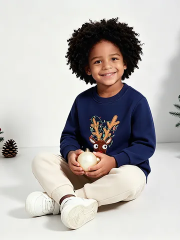 Kids Christmas Reindeer Embroidered Cotton Pullover Sweatshirt Long Sleeve Crewneck Dark Blue Casual Winter Clothes Top For Boys Girls