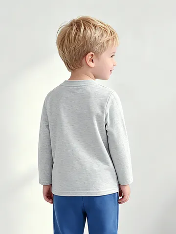 Kids Cartoon Tractor Printed Cotton Long Sleeve Top Western Style Round Neck Gray Casual T-Shirt For Boys Autumn Clothing
