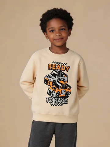Boys Casual Cotton Sweatshirt Euro-American Style Car Letter Printed Round Neck Long Sleeve Top For Kids Autumn Wear Beige