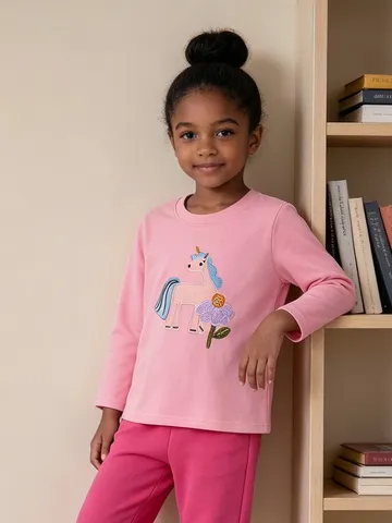 Mädchen Mode Baumwolle Langarm T-Shirt Pullover Rundhalsausschnitt Top Kinder Tier Cartoon Einhorn Blumen Applikationsstickerei Tee Für Herbst