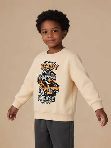 Boys Casual Cotton Sweatshirt Euro-American Style Car Letter Printed Round Neck Long Sleeve Top For Kids Autumn Wear Beige