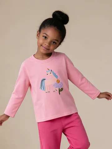 Mädchen Mode Baumwolle Langarm T-Shirt Pullover Rundhalsausschnitt Top Kinder Tier Cartoon Einhorn Blumen Applikationsstickerei Tee Für Herbst