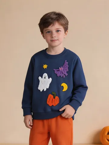 Felpa da Bambino in Cotone Ricamato a Spugna per Halloween Stile Occidentale Carino Modello Zucca Fantasma Girocollo Top per Ragazzi Ragazze Autunno Casual