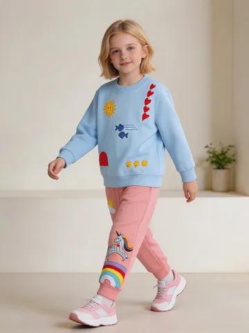 Girls Casual Long Sleeve Sweatshirt Pants Set Kids Cartoon Unicorn Patch Cotton Top And Bottom Clothes Outfit