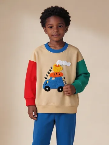 Boys Fashion Colorblock Pullover Sweatshirt Cotton Cartoon Car Embroidered Round Neck Long Sleeve Top For Kids Everyday Wear