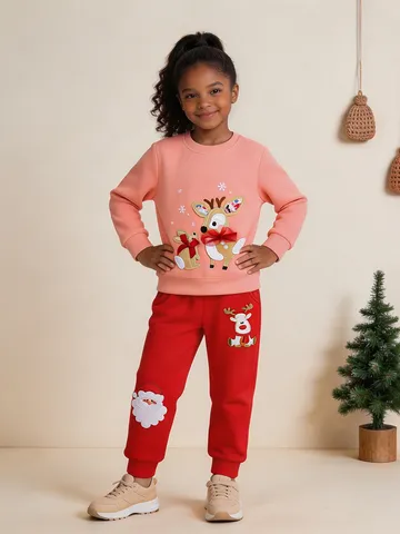 Girls Christmas Cotton Top And Bottom Set Reindeer Santa Claus Applique Sweatshirt Cargo Pants Festive Clothing For Kids