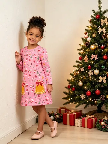 Girls Christmas Embroidered Long Sleeve Dress Casual Cotton Knit A-Line Princess Dress Sweet Pink Holiday Outfits For Toddler Kids