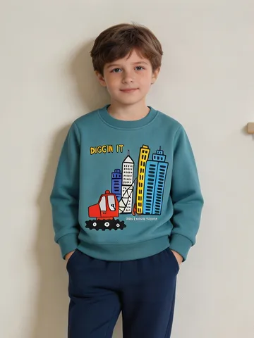 Kids Casual Cotton Pullover Sweatshirt Euro-American Style Round Neck Teal Green Long Sleeve Top Graphic Print City Building Construction Vehicle Theme Boys Autumn Clothing